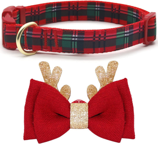 Plaid Christmas Dog Collar with Glitter Reindeer Antlers and Bowtie, Soft and Comfortable Design for Large Dogs